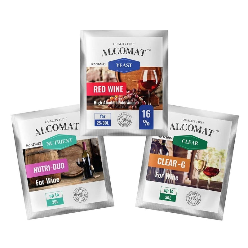 Alcomat Set Red Wine Yeast HAT 16% + Nutrient + Clarifying Agent | Fermenting yeast Distilling yeast Wine yeast | for wine, red wine | Nutri Duo | Clear-G | High alcohol tolerance - NewNest Australia