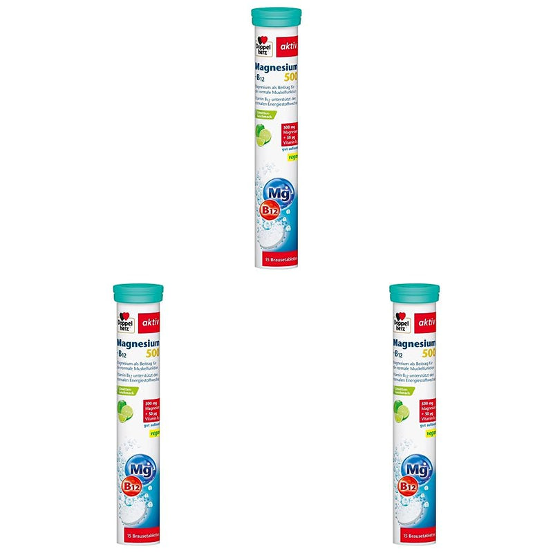 Doppelherz Magnesium 500 + B12 - With Magnesium & Vitamin B12 To Support Normal Muscle Function - Vegan - 15 Effervescent Tablets With Lime Flavor (Pack Of 3) - NewNest Australia