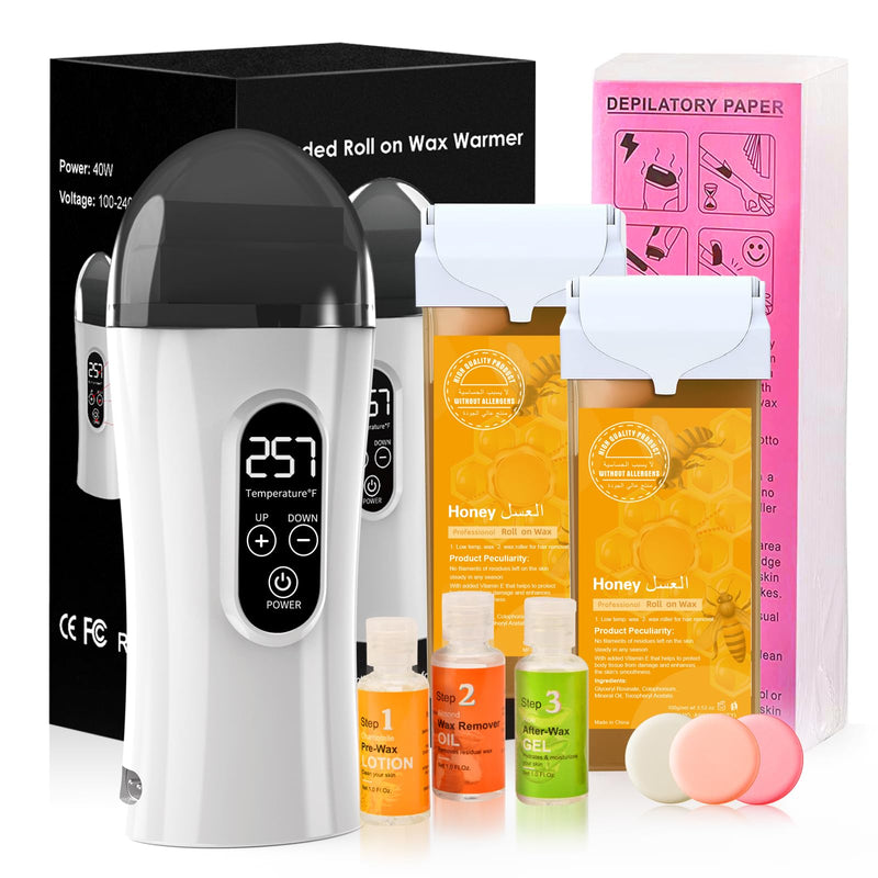 Roll on wax device set, Demine waxing set for wax hair removal, digital wax machine with 2 honey roll on wax cartridges, 100 fleece strips, waxing pre- and post-treatment set white - NewNest Australia