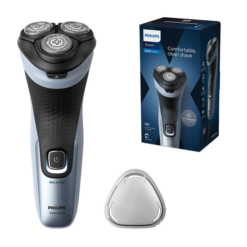 Philips Shaver Series 3000X - Electric wet and dry shaver for men in sky blue, with SkinProtect technology, fold-out beard trimmer and ergonomic handle (model X3053/00) - NewNest Australia