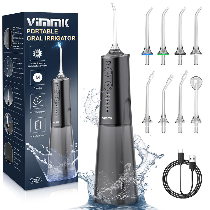 Oral Irrigator Wireless Electric Tooth Cleaner, Vimmk Dental Irrigator Water Flosser 5 Modes & 8 Nozzles USB-C Rechargeable Water Flosser IPX7 Waterproof, 300ML Water Tank Mouth Cleaner (Black) Black - NewNest Australia