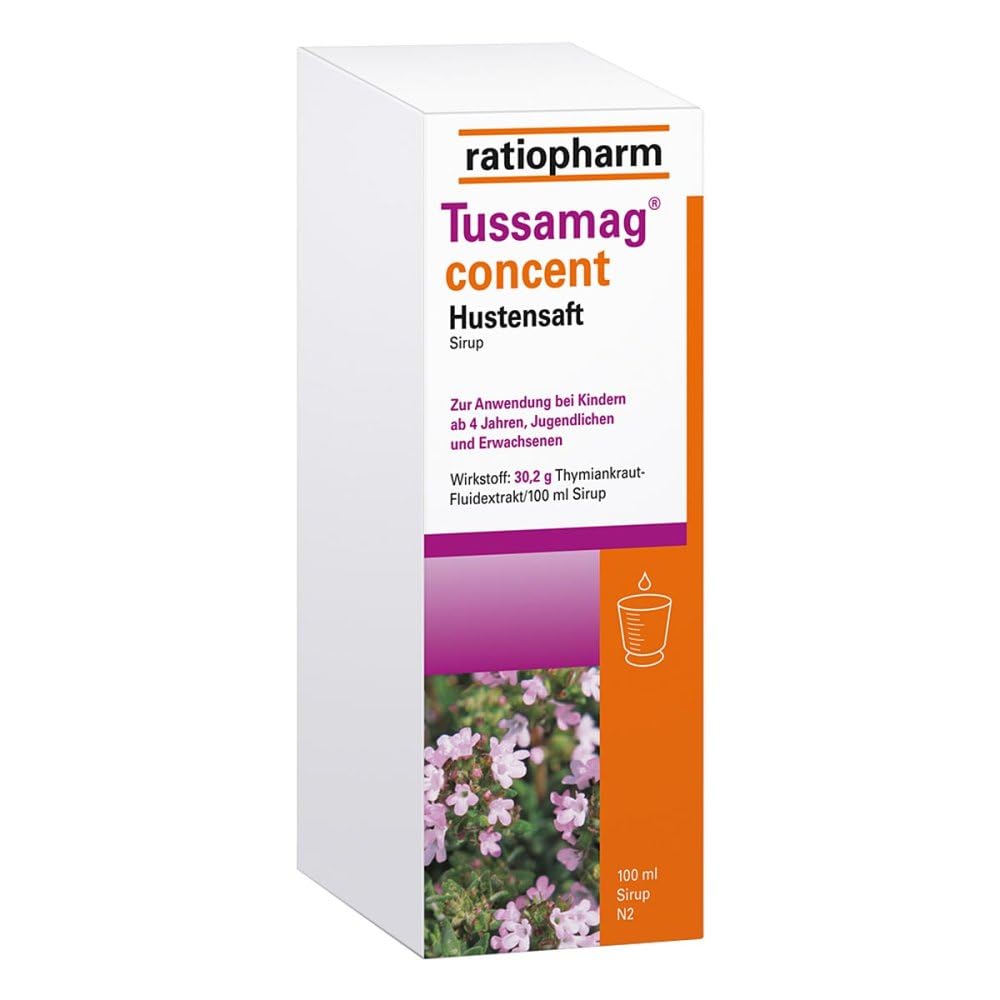 Tussamag® concent cough syrup from ratiopharm with thyme herb liquid extract provides natural and strong help with coughs, promotes expectoration and has an antispasmodic effect, 100 ml cough syrup - NewNest Australia