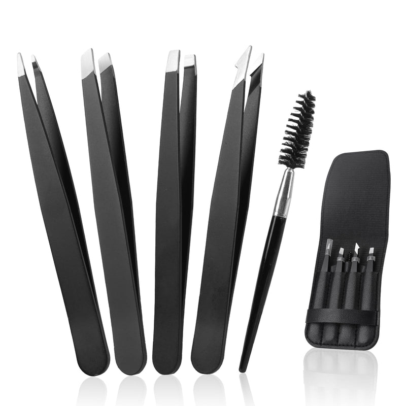 Alyvisun 5 pieces professional tweezers, portable stainless steel tweezers, eyebrow plucking, textured anti-slip coating, suitable for facial hair removal for women and men (black). - NewNest Australia