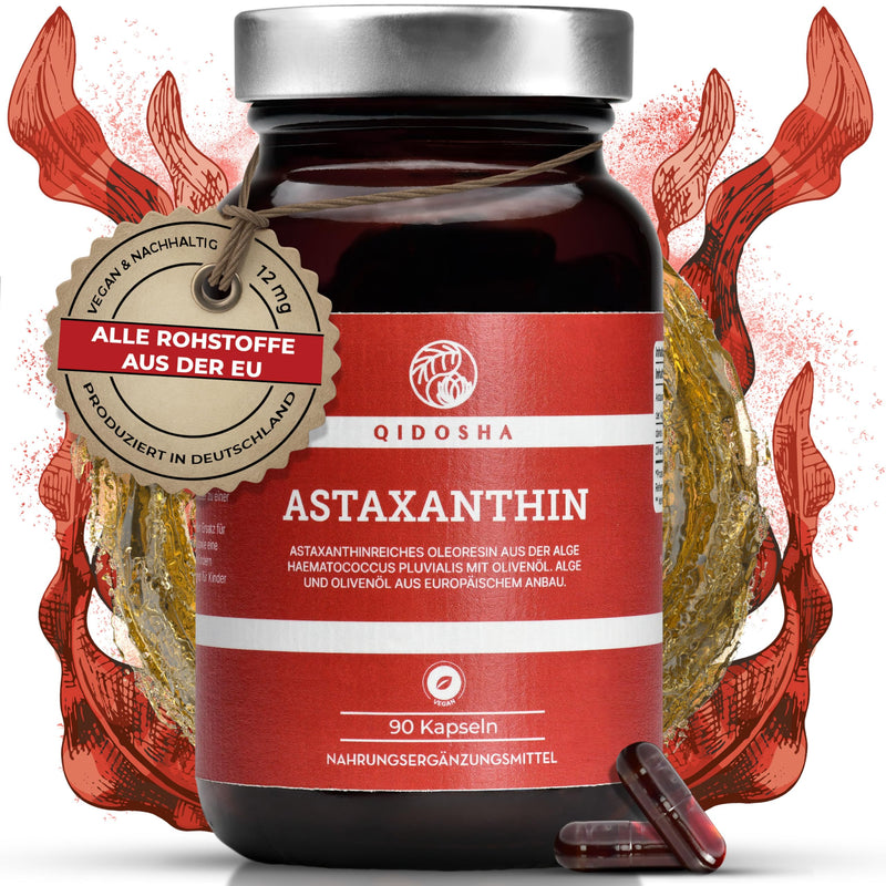 QIDOSHA® Astaxanthin 12mg from EU raw materials, 12mg astaxanthin per capsule plus olive oil, 90 capsules in a glass, vegan astaxanthin, high-dose liquid astaxanthin from Portuguese algae farming - NewNest Australia