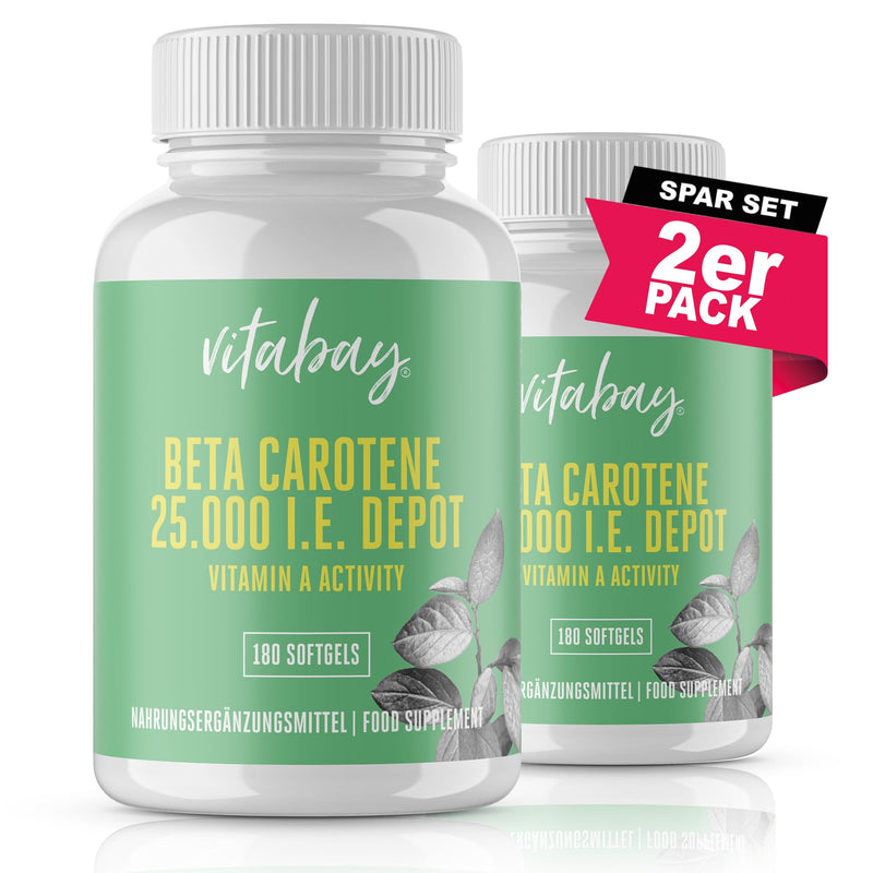 Vitabay Beta Carotene Depot tanning capsules - 360 VEGAN SOFTGELS (set of 2) with 25,000 IU - precursor of vitamin A, high-dose tanning capsules, carrot juice, carotene, 180 pieces (pack of 2) - NewNest Australia