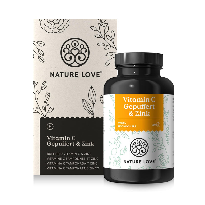 NATURE LOVE® Vitamin C Buffered & Zinc - 180 capsules - high dosage: 1,000 mg vitamin C + 15 mg zinc - fermentation of corn, pH-neutral, acid-free - laboratory tested, vegan and produced in Germany - NewNest Australia