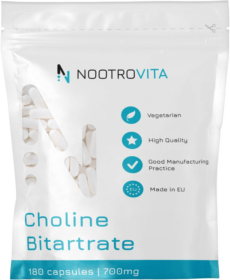 Choline high dose 700mg - 180 capsules | For liver function, memory, brain and concentration | Vegan, Gluten Free Choline Bitartrate | Manufactured in ISO-certified companies | Nootrovita - NewNest Australia