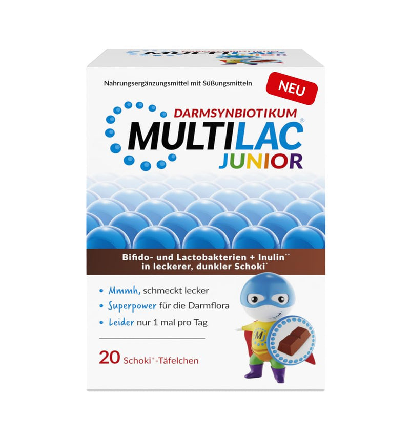 MULTILAC JUNIOR - Probiotic cultures and fiber in an irresistible chocolate shell to support intestinal health for children, delicious & healthy, sugar-free & without palm oil, 20 pieces 20 chocolate bars - NewNest Australia