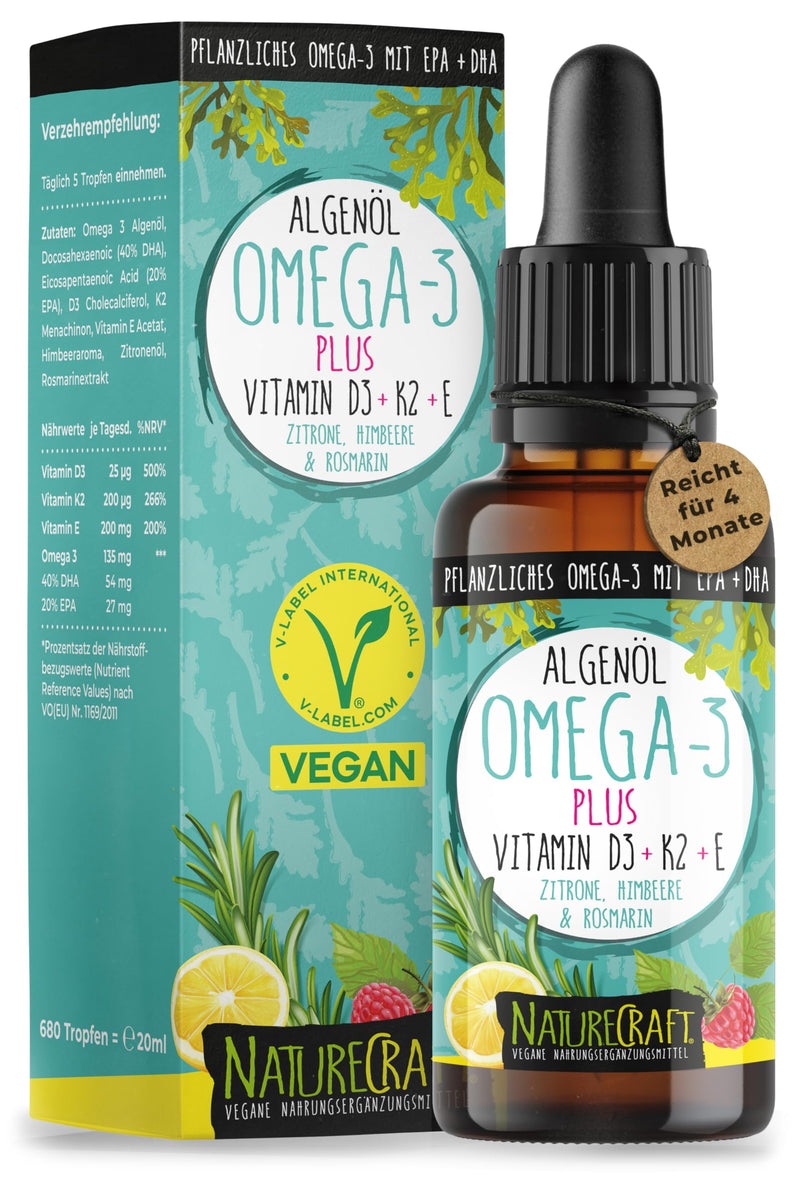 Omega-3 algae oil PLUS - 40% DHA and 20% EPA with vitamin D3 + K2 + E - raspberry, lemon and rosemary extract - vegan (20ml = 4 month supply) - NewNest Australia