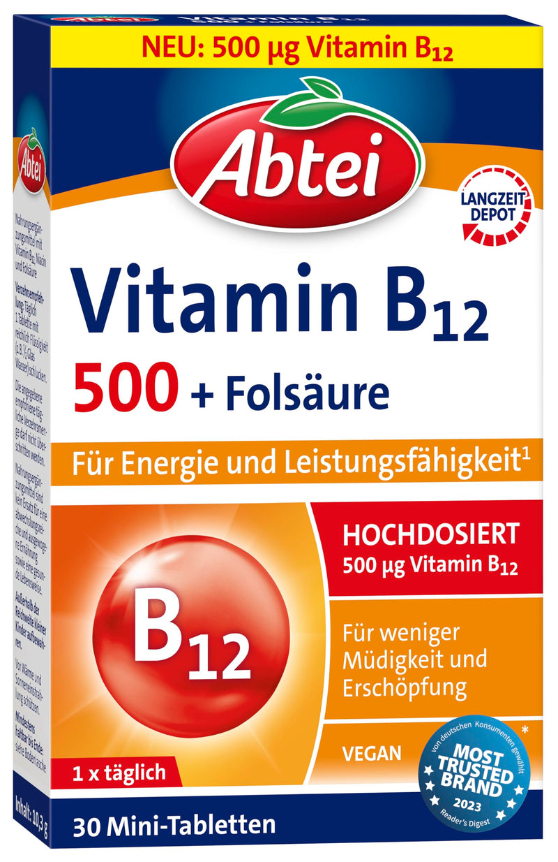 Abbey Vitamin B12 plus folic acid - for energy and performance - high dose with 500µg vitamin B12 and 200µg folic acid, 1 x 30 tablets - NewNest Australia