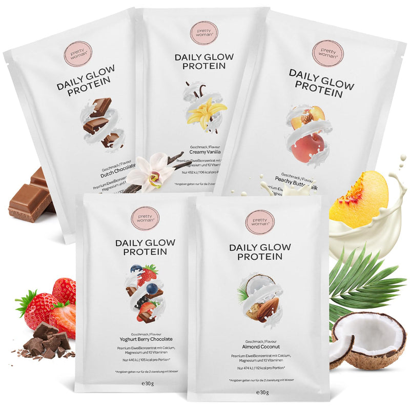 pretty woman® Daily Glow Protein Powder Trial Pack - 5x30g - Low Carb Shake with Vitamins & Minerals, Biotin & Folic Acid, Low Sugar/Protein Powder Trial Pack, Protein Powder Trial Set - NewNest Australia