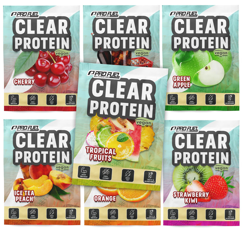 Clear Protein Vegan SAMPLE PACKAGE - 7x18g mix pack with Ice Tea Peach, Tropical Fruits, Green Apple, Strawberry Kiwi, Cola, Orange and Cherry - 7 wholesome portions with 10 grams of protein each Sample pack (7 flavors) 18 g (7 pieces Pack) - NewNest Australia