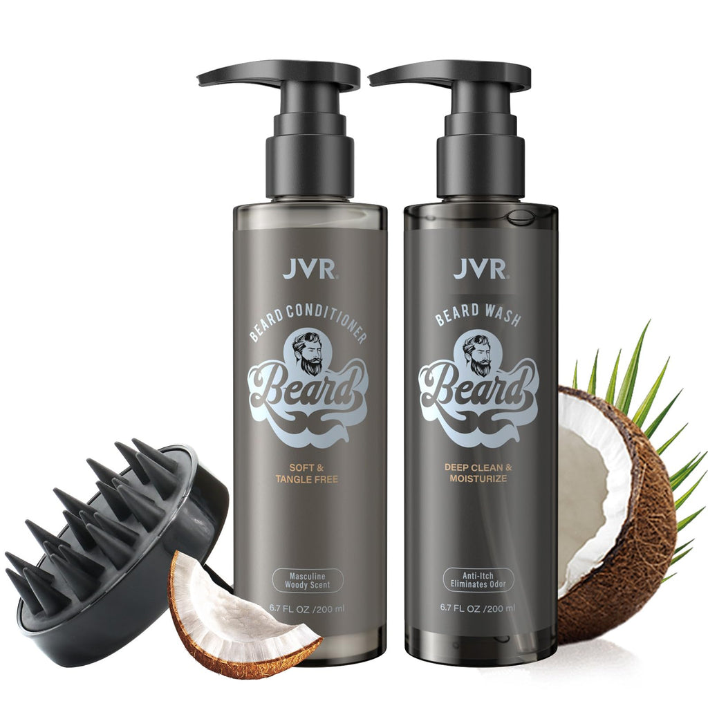 JVR Beard Wash Set, Beard Growth Care Men's Beard Wash Set Softens & Moisturizes Beard, Beard Care Set with Beard Shampoo, Beard Conditioner, Beard Massage Brush (Grey) Black 1 - NewNest Australia