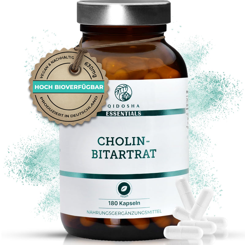 QIDOSHA® choline bitartrate capsules high dosage, 180 capsules in a pharmacist jar, full 630mg choline bitartrate per capsule, vegan, laboratory tested, German production - NewNest Australia