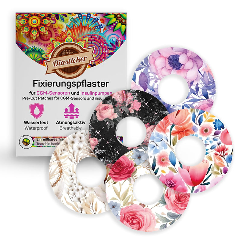 Slidesticker® | Plasters for Freestyle Libre 3 Sensor (10 pieces, Mix-Flowers) | Waterproof - Skin-friendly - Breathable - Strong hold | Self-adhesive fixation plasters, sensor fixation 10 pieces - NewNest Australia