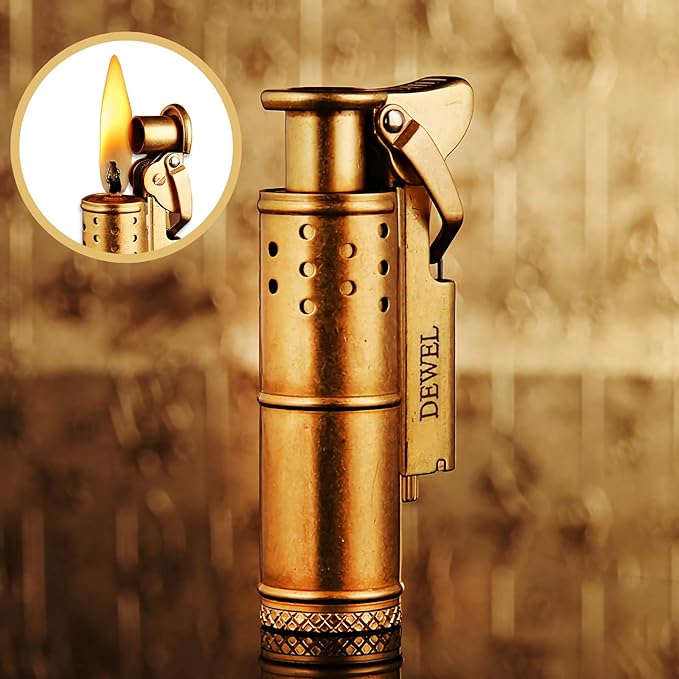 DEWEL oil lighter, retro, small, outdoor, with windshield cover, suitable for outdoor use, slim kerosene lighter, with ignition stone, trench lighter, made of brass, with storage box and cloth bag, Father's Day gift for men (no oil) - NewNest Australia