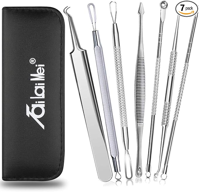 TailaiMei 7 Piece Pore Blackhead Removal Kit - 7 Pieces Metal Case and Risk Free Nose Face Skin Removal Wound Whitehead Popping Acne Treatment Acne Extraction Tool Set - NewNest Australia