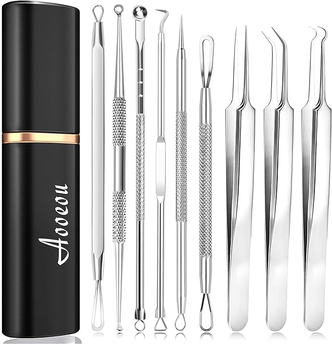Aooeou Facial Scars Whitehead Cure Pores Blackhead Removal Acne Tool 9 Piece Kit Pro Stainless Steel Curved Acne Tweezers Comedone Extractor Tool Set 1 Back Acne Popper Tool 9 Acne Popper Tool - NewNest Australia