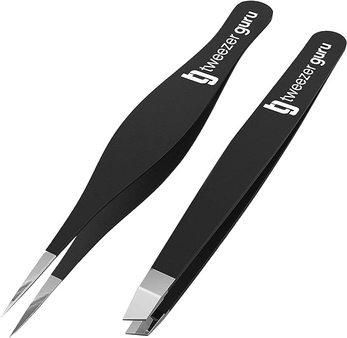 TweezerGuru Tweezers, Tweezers, Eyebrow Tweezers, Precision, Stainless Steel, Nose Hair, Beard, Blackhead, Square Plug, Exfoliating Tip, Beveled Tip, Extra Fine Point, Pack of 2 - NewNest Australia