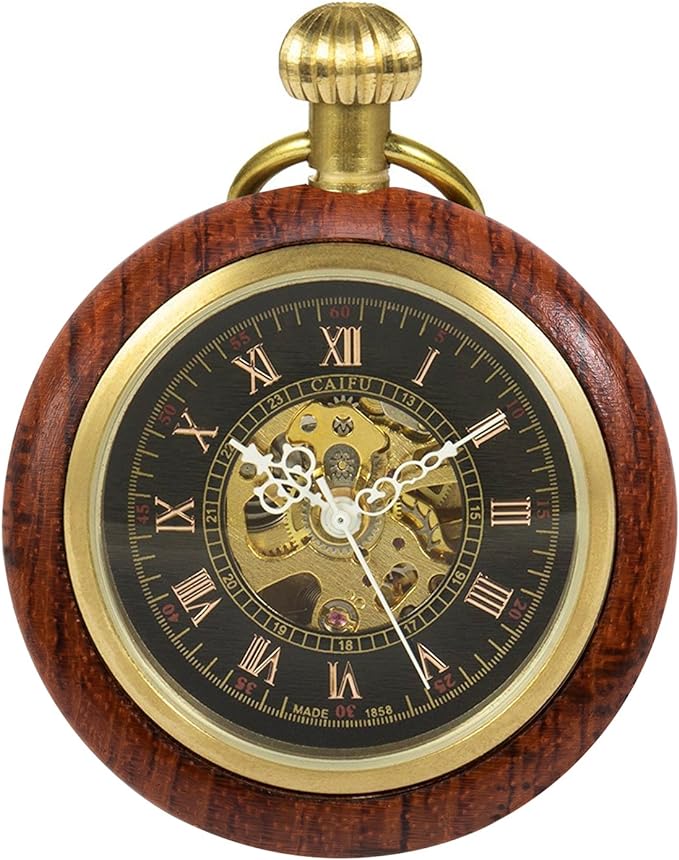 TREEWETO Wooden Mechanical Roman Numeral Pocket Watch Open Face Fob Watch Men Women Ladies - NewNest Australia