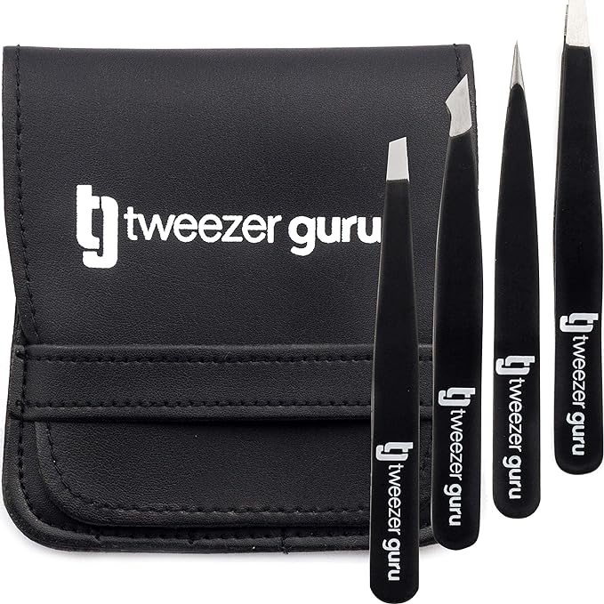 TweezerGuru Tweezers, Tweezers, Eyebrow Tweezers, Precision, Stainless Steel, Nose Hair, Beard, Blackhead, Square Plug, Exfoliating Tip, Beveled Tip, Extra Fine Point, Pack of 4 - NewNest Australia
