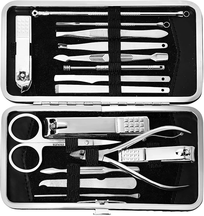 iMSelect 16-Piece Stainless Steel Nail Care Set with Storage Case for Women & Men (Black) - NewNest Australia