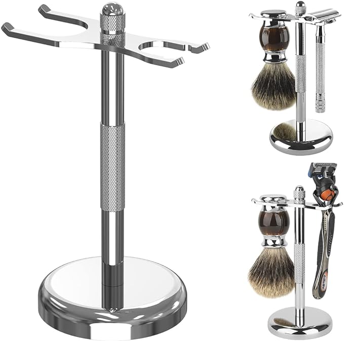 Linkaidea Razor Brush Stand Holder, Deluxe Men's Stainless Steel Shaving Brush Hanger Base Shaver Kit Organizer for Bathroom Shower (Silver) - NewNest Australia