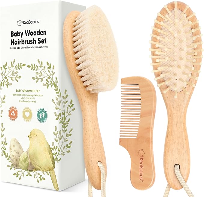 Newborn Baby Hairbrush and Comb Set - Natural Wooden Hairbrush with Soft Goat Bristles for Cradle Cap - Perfect Scalp Grooming Product for Toddlers, Toddlers, Kids - Baby Registry Gifts - NewNest Australia