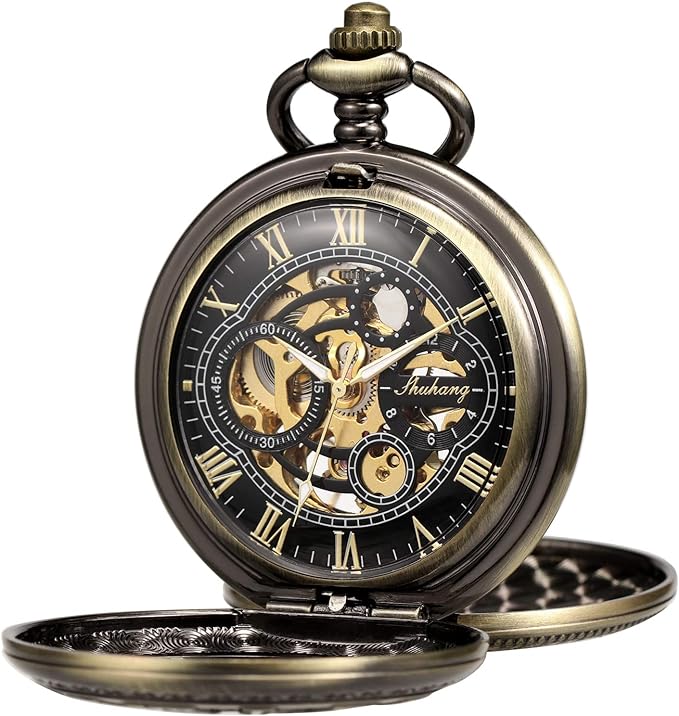 TREEWETO Skeleton Manual Winding Mechanical Double Case Roman Numerals Antique with Fob Chain Box Bronze - NewNest Australia