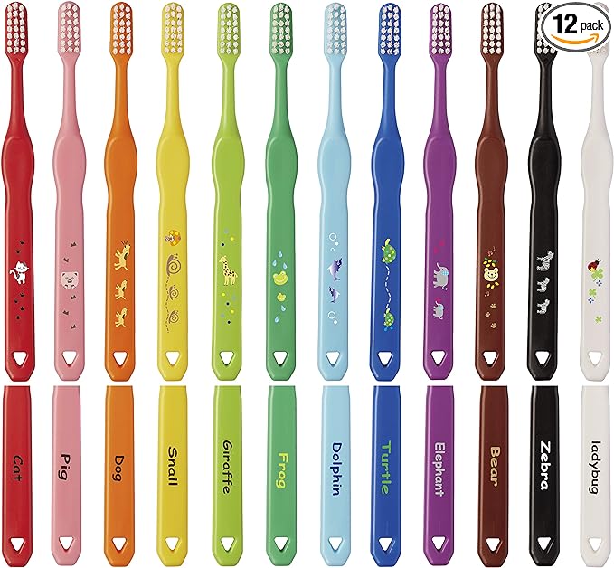 L APIS: LA-215 Children's Toothbrush, Happy Colors, 12 Colors, Dental Recommended, Animal Pattern, Elementary School Students, Iroenpitsu, Made in Japan, Junior Animal, Eco Packaging, 12 Pieces - NewNest Australia