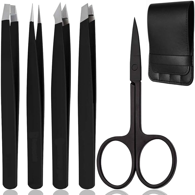 KINGMAS Tweezers Tweezers Cosmetic Tweezers Flat Tip Tapered Eyebrow Scissors 5 Piece Set Eyebrow Nippers Mayu Scissors Stainless Steel Precision Men's Lady Eyebrow Kit with PU Case (Black) - NewNest Australia