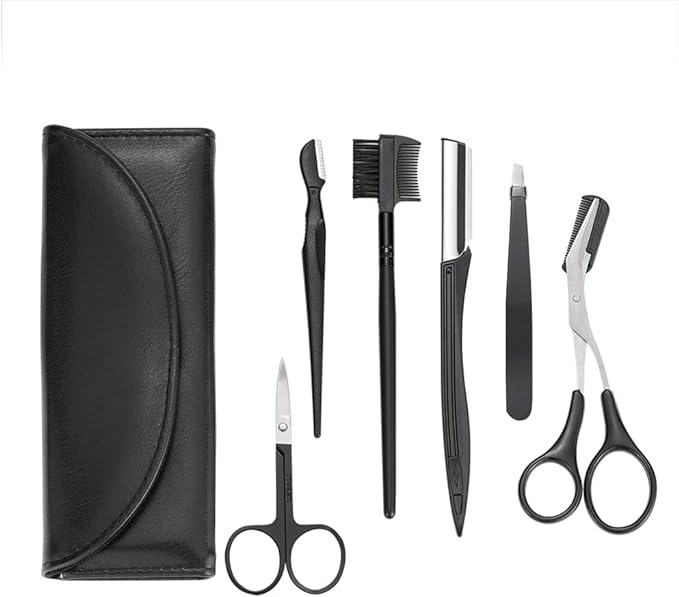 Eyebrow Set 6pcs Eyebrow Kit Eyebrow Scissors Eyebrow Tweezers Razor Eyebrow Makeup Tools with Case for Women Men (Black) - NewNest Australia