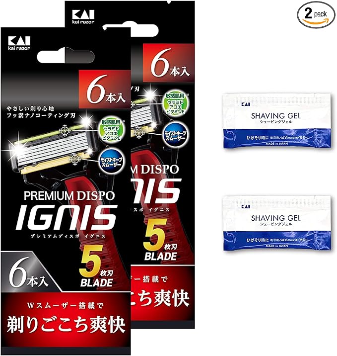 Kai Premium DISPO IGNIS 5-Blade Razor (Large Capacity 12 Pack) with 2 Shaving Gels, Shaving Razor, Men's, 12 Pieces + Shaving Gel Included, Set of 1 Set, 6 Pieces (x2) - NewNest Australia