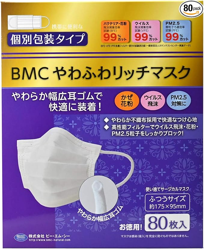 BMC Soft Soft Rich Mask, Individual Packaging, Regular Size, 1 Box, White, 80 Sheets - NewNest Australia