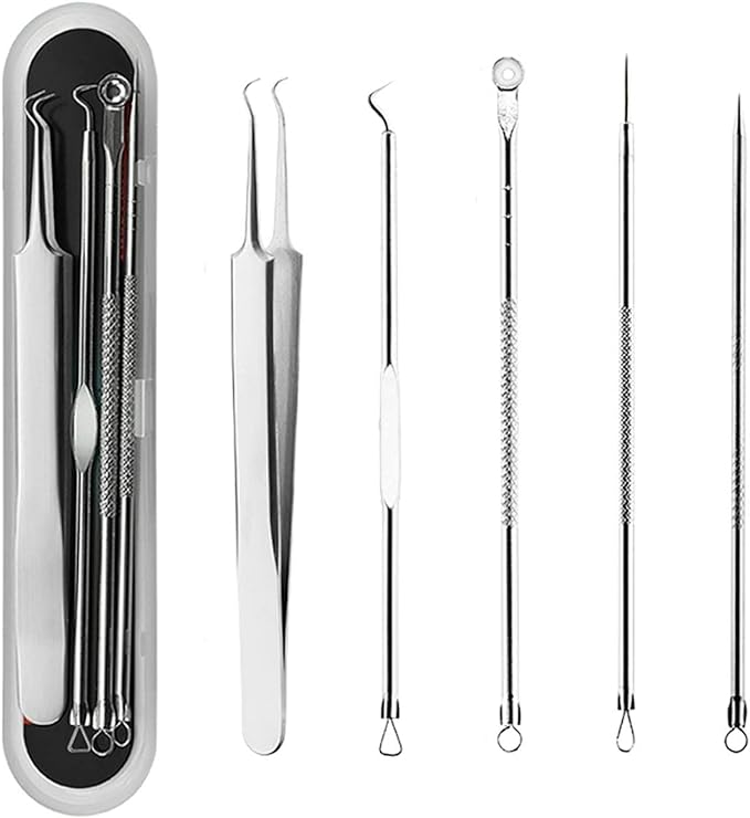 yiteng Square Bottle Remover, Set of 5, Acne Remover, Tweezers, Storage Case, Acne Needles, Antibacterial Stainless Steel, Pore Care Kit, Blackhead Removal, Convenient to Carry... (Silver) - NewNest Australia