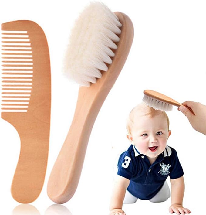 Kingsie Baby Hair Brush, Comb, Set of 2, Natural Wood, Goat Wool, Brush, Comb, Newborn, Baby Hair Care, Baby Shower, Gift - NewNest Australia