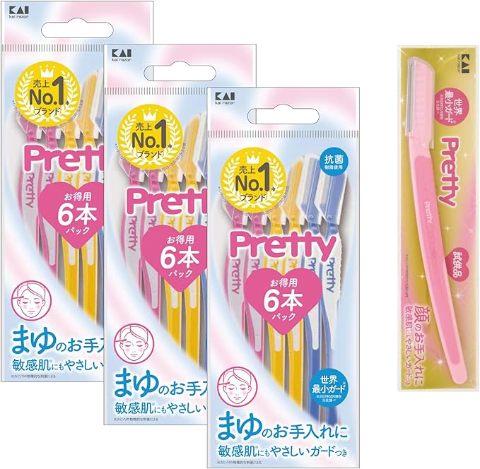 Kai Pretty Eyebrow Sensitive Skin 6 Pcs x 3 Packs + L-Shaped Razor Set for Sensitive Skin 18 Pieces + 1 Piece - NewNest Australia