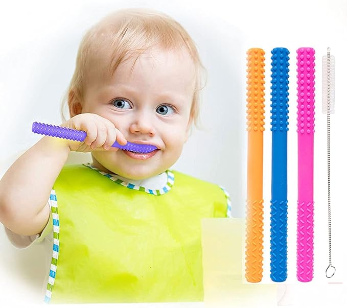 Baby Teething Straw Shape Relieves Tooth Pain Food Grade Silicone Safe Non-Toxic BPA Free 3-12 Months Newborn Toy - Production Celebration (3 Straws + 1 Cleaner Brush) - NewNest Australia