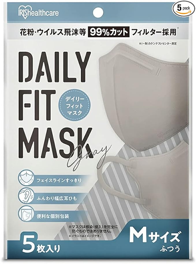 Iris Ohyama RK-D5MG Daily Fit Mask, Non-woven Fabric, Sculpted, Color Mask, Individually Packaged, Regular Size, Blends With Your Complexion, Fall, Cheek Mask, Beak Mask, Pack of 5, Gray - NewNest Australia