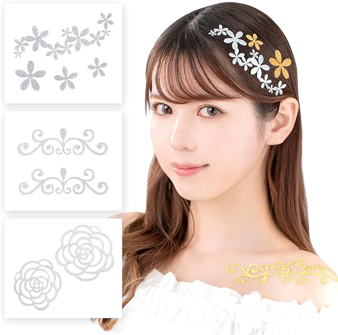 Classe Body Jewelry Seal, 3 Sheets, Glitter Hair, Gold, Silver, Body Art, Tattoo, Cute, Silver, Set of 3 Patterns - NewNest Australia
