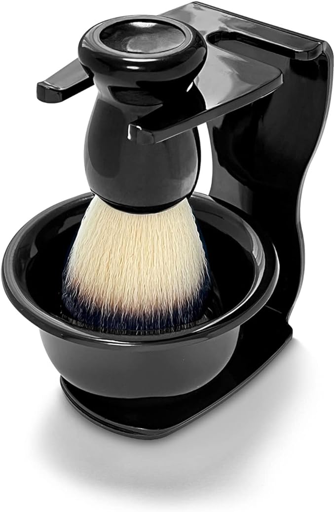 TORYTON Beard Shaving Brush Set (3 Piece Brush, Stand Holder, Bowl), Hair Type: Nylon (Black) - NewNest Australia