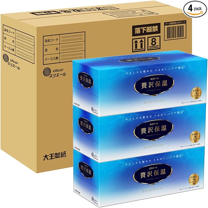 Elleair Box Tissue Luxury Moisturizing, 200 Pairs x 12 Boxes (3 Boxes x 4 Packs), 100% Pulp (Half Case) - NewNest Australia