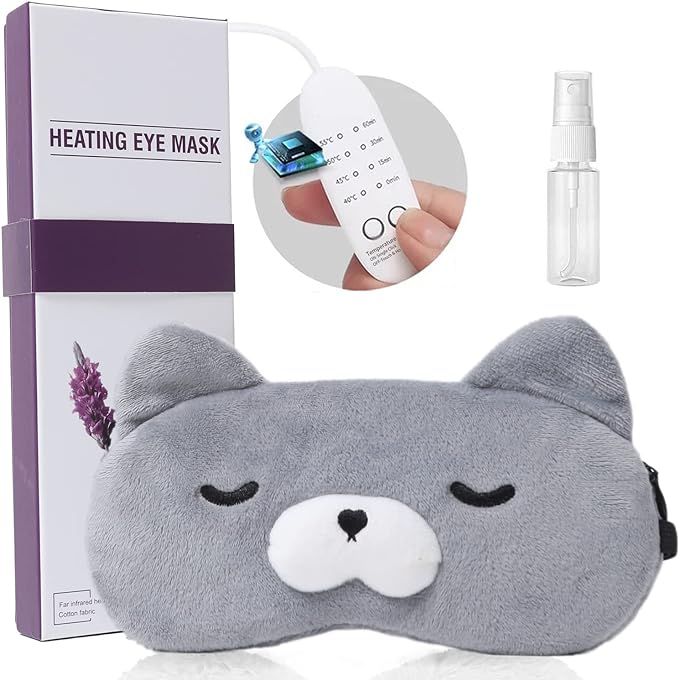 Loveur Date Heating Eye Mask, Fluffy, USB, Electric Heated, Cute, Relaxing, No Pressure, Blocks Light, Temperature Control, Auto Power Off, Safety Protection, Sleep, Travel, Gift, With Pouch, Gray - NewNest Australia
