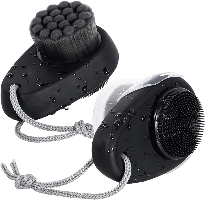 Beomeen Facial Cleansing Brush 2 in 1 Facial Exfoliation Silicone Face Scrubber for Men Double Sided Soft Bamboo Charcoal Microfiber Face Scrub Brush Pore Deep Cleansing with Lid Black - NewNest Australia
