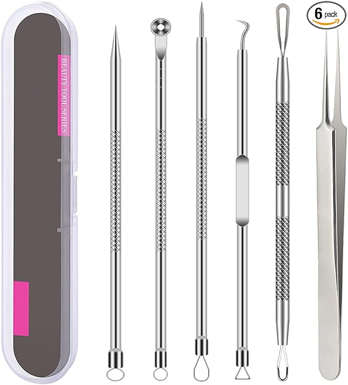 Pimple Popper Tool Kit 6 Pieces Blackhead Remover Acne Needle Tool Set Removal Treatment Comedon Whitehead Popping Pit Nose/Face/Skin Spot Remover Tool Silver - NewNest Australia