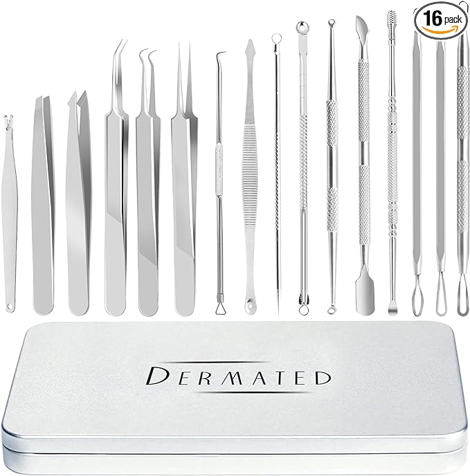 Dermated [16 Pack] Blackhead Remover Tool Pimple Popper Tool Kit | Stainless Steel Professional Acne Extraction Tool Kit for Blackheads Spots Codone Acne That Bald Head Face and Nose - NewNest Australia