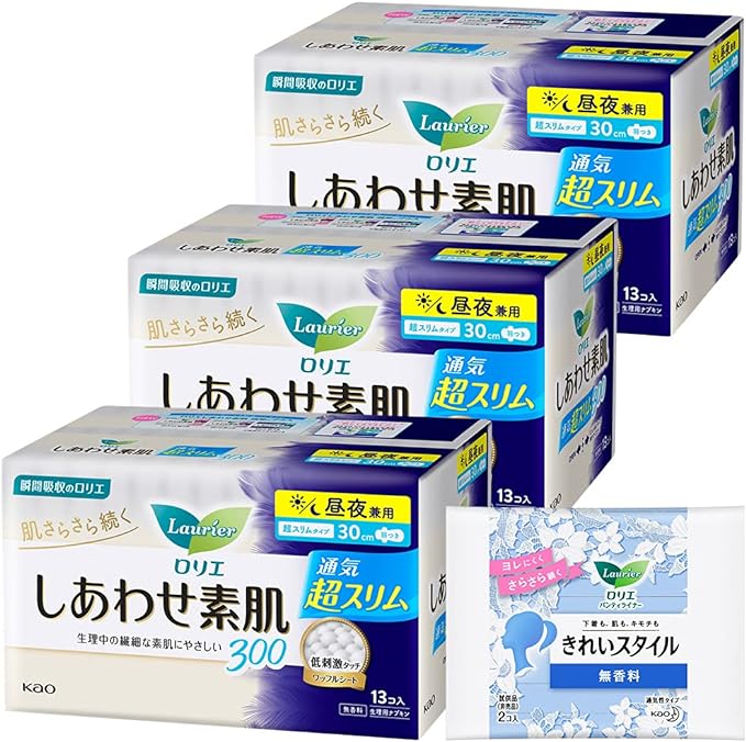 Laurier Happiness Bare Skin Ultra Slim with Wings for Day and Night Use, 11.8 inches (30 cm), 13 Pieces x 3 Cosets (39 Pieces) + Bonus Bonus - NewNest Australia