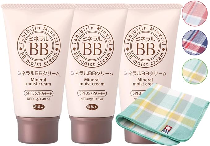 Azuma Shoji Mineral BB Cream Travel Beauty SPF 35/PA+++ 40g x 3 Piece Set [Imabari Towel Handkerchief] (Checkered Pattern) - NewNest Australia