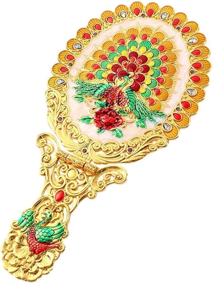 Queen-b Hand Mirror, Peacock, Peacock, Foldable, Hand Mirror, Tabletop, Stand, Mirror, Makeup Mirror, Compact, Stylish, Cute, Antique, Makeup, Portable, Portable (Gold) - NewNest Australia