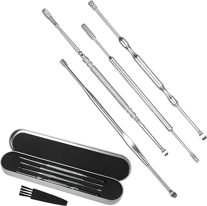 Ear cleaning [4 carefully selected pieces] Stainless steel ear cleaning, various tip shapes (spiral, spoon, spring), washable, clean, ear cleaning, special brush, special case included - NewNest Australia